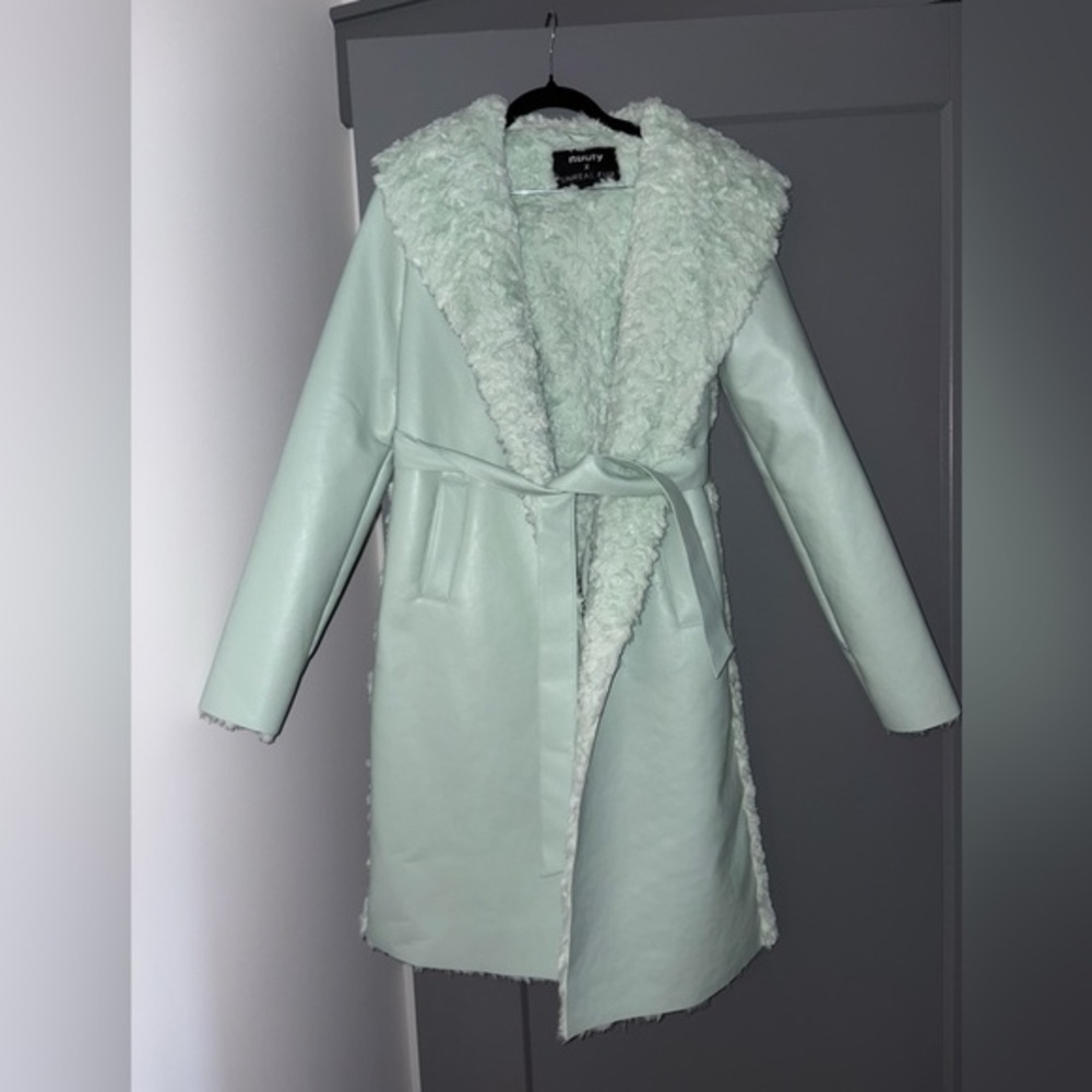 Unreal Fur Maxi Faux Leather and Fur Jacket Turqoise LIKE NEW